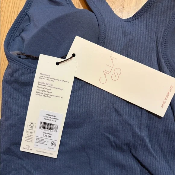 Women's Blue Ribbed workout top with Sports Bra - Picture 4 of 6